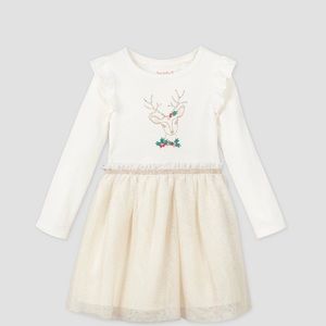 Toddler girls floral deer tulle long sleeve dress